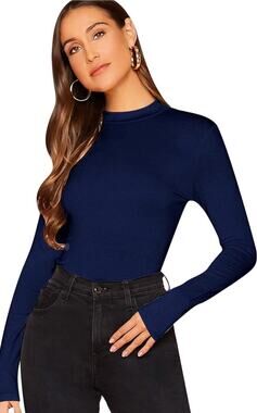 Verdusa Women's Basic Mock Neck Long Sleeve Fitted Crop T Shirt Top